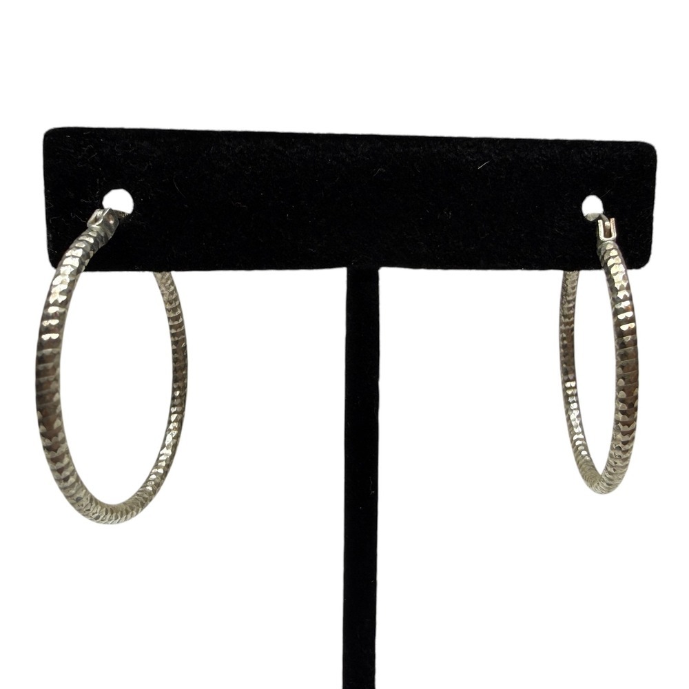 Sterling Silver 925 Hammered Hoop Earrings Leverback 1" Round Mexico